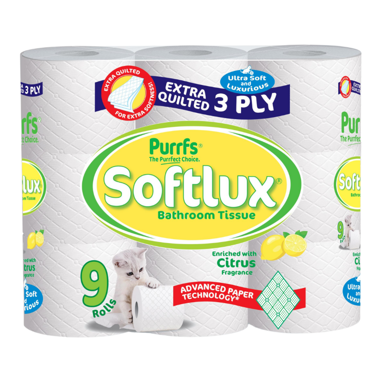 Purrfs Softlux Citrus Scented 3 Ply Toilet Rolls Luxury Quilted Rolls 9 Pack - Premium Quality Tissue Online - Product Image Purrfs Softlux Citrus Scented 3 Ply Toilet Rolls Luxury Quilted Rolls 9 Pack - Premium Quality Tissue Online - Product Image